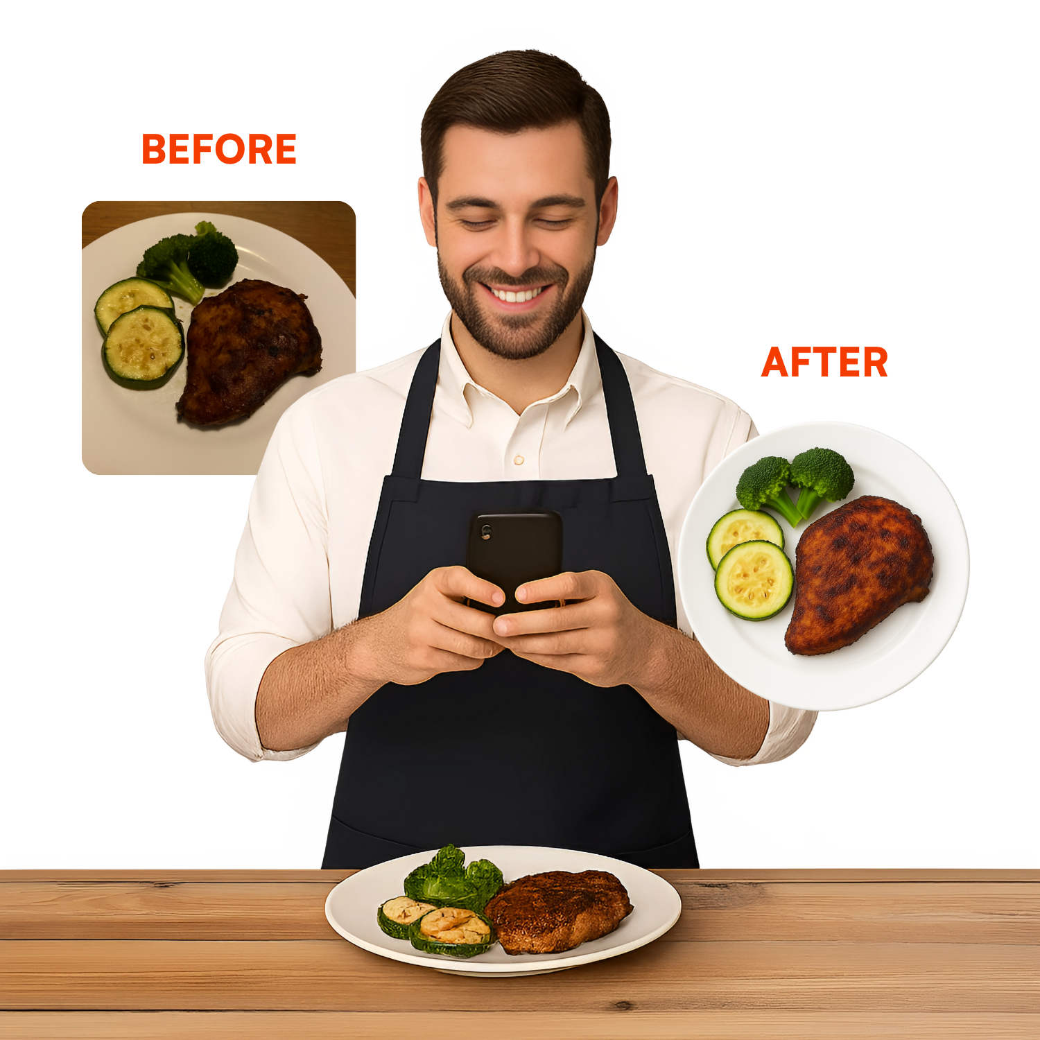 Chef using PlateFix AI to transform food photos from ordinary to professional quality - before and after comparison
