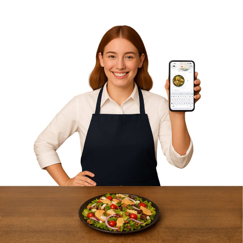 Chef proudly showing enhanced food photo on smartphone