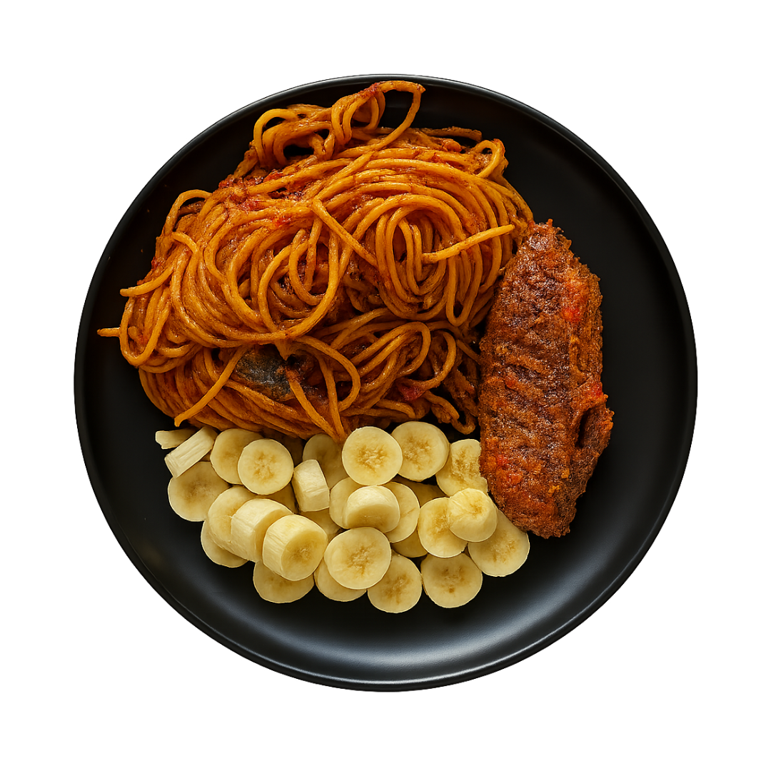 Enhanced spaghetti with fish and plantain